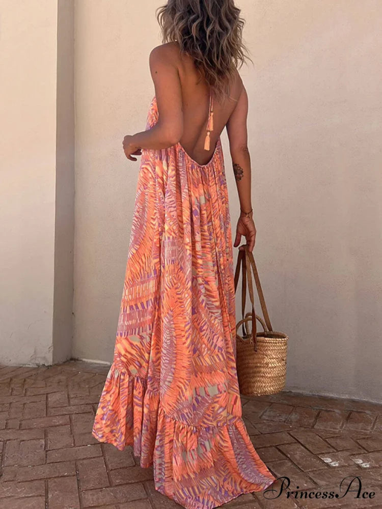 Golden Times Ethnic Print Graceful A-line Vacation Maxi Dress