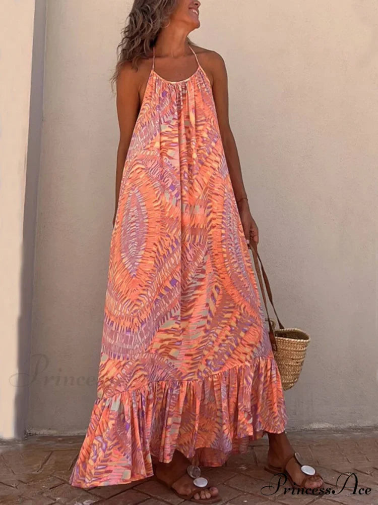 Golden Times Ethnic Print Graceful A-line Vacation Maxi Dress