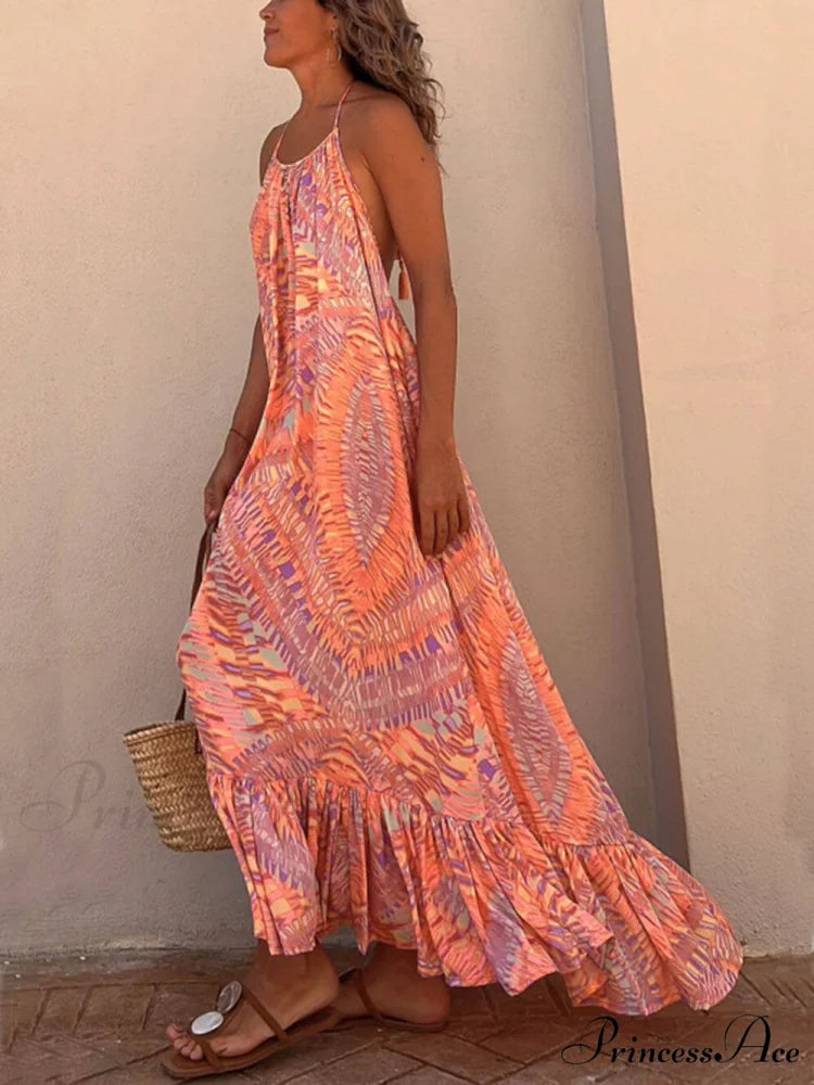 Golden Times Ethnic Print Graceful A-line Vacation Maxi Dress