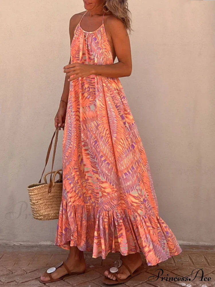 Golden Times Ethnic Print Graceful A-line Vacation Maxi Dress