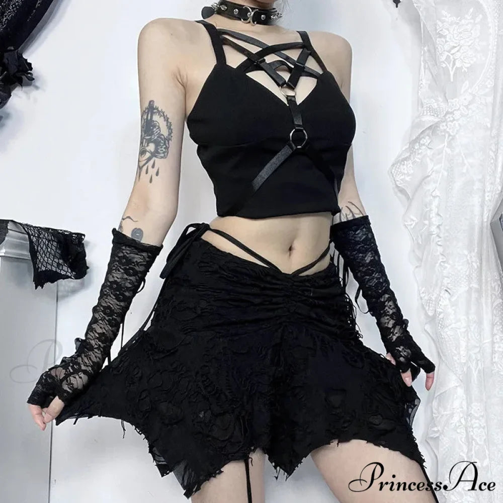 Goth Black Holes Lace-up Mini Sexy Vintage Folds Irregular Bodycon Short Women New Fashion Skirt