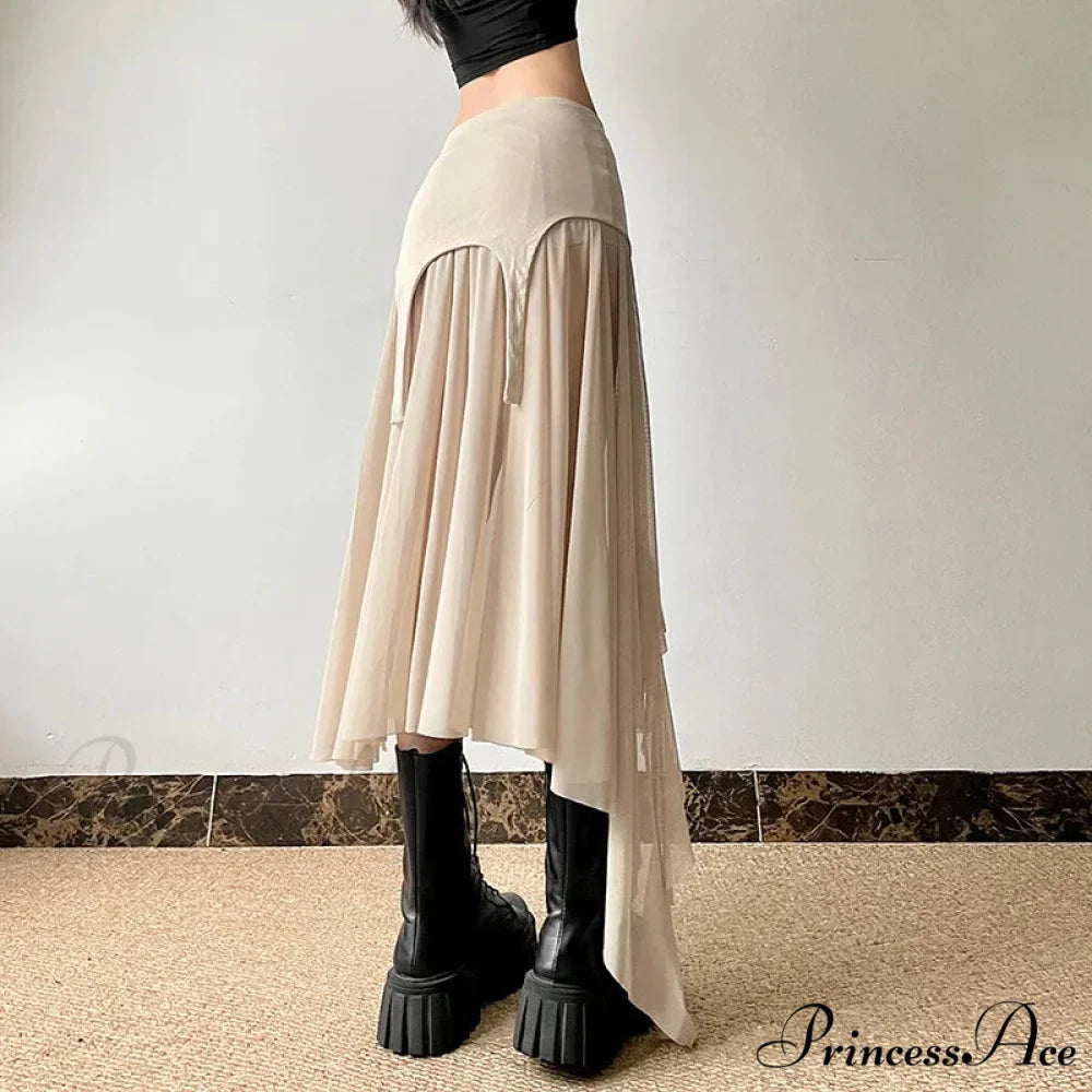 Goth Cyber Y2K Irregular Hem Mid Harajuku Fashion Streetwear Mesh Patchwork Club Alt Skirt