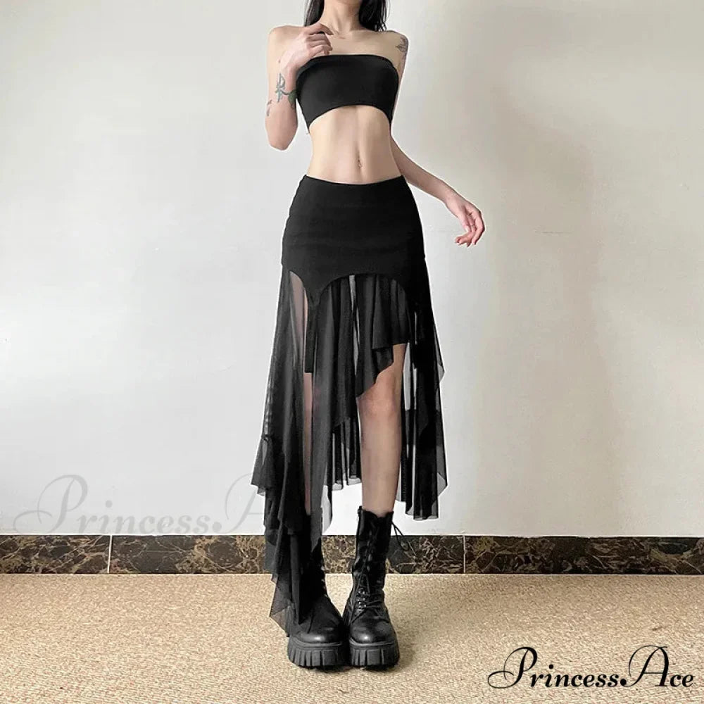 Goth Cyber Y2K Irregular Hem Mid Harajuku Fashion Streetwear Mesh Patchwork Club Alt Skirt