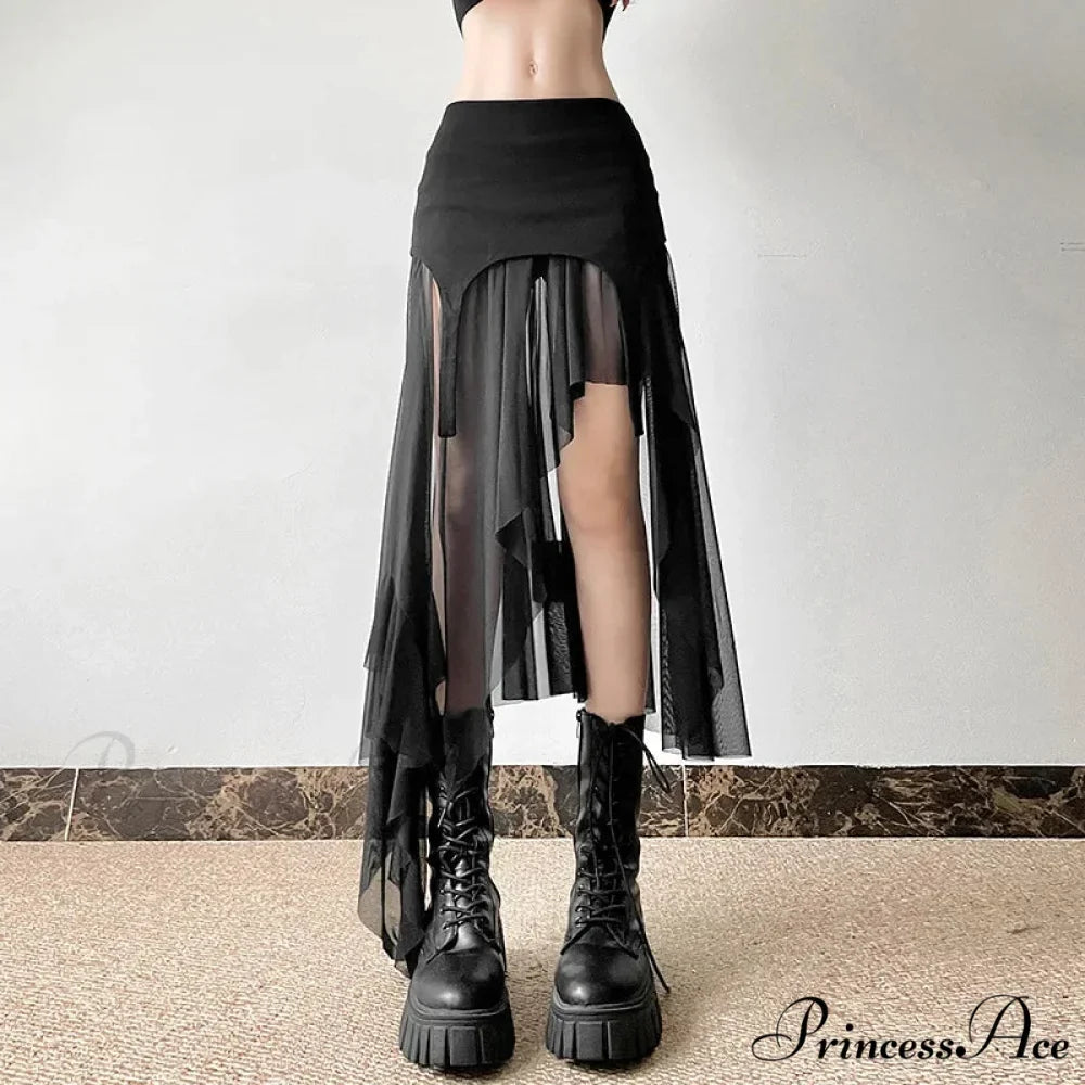 Goth Cyber Y2K Irregular Hem Mid Harajuku Fashion Streetwear Mesh Patchwork Club Alt Skirt