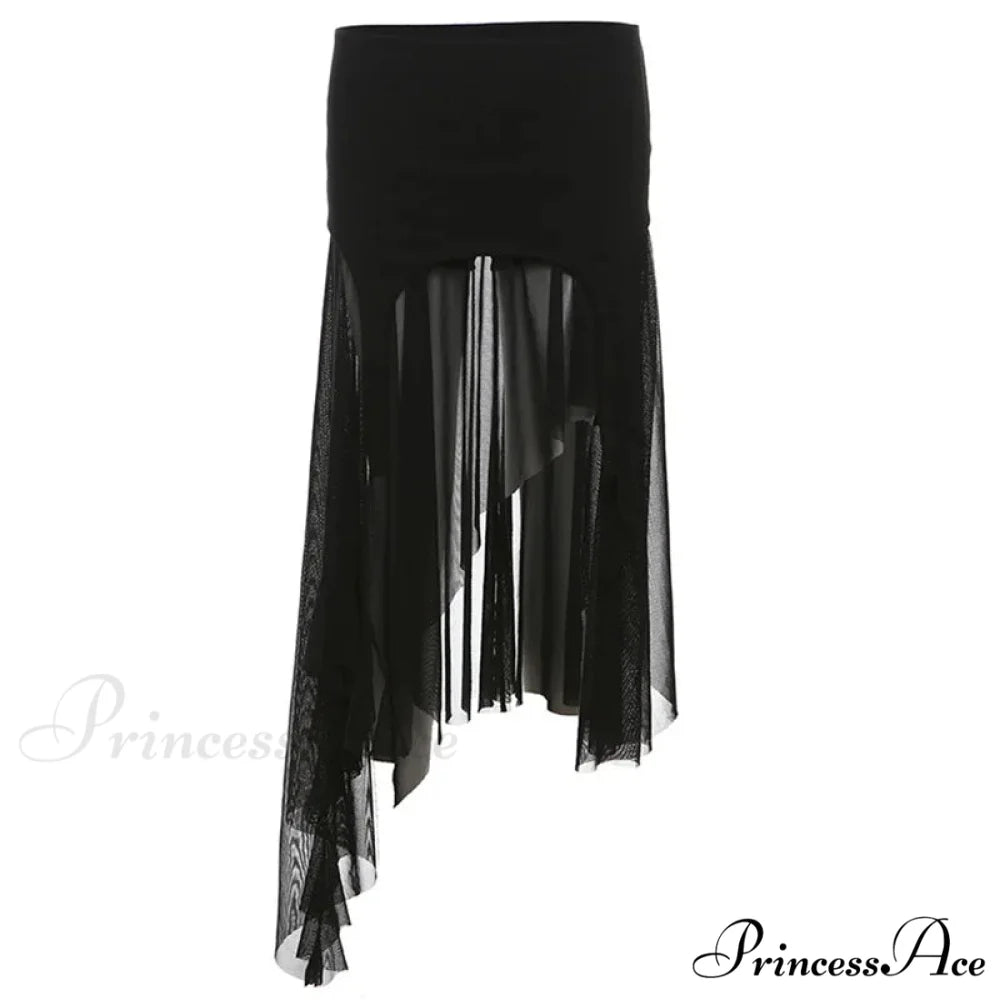 Goth Cyber Y2K Irregular Hem Mid Harajuku Fashion Streetwear Mesh Patchwork Club Alt Skirt