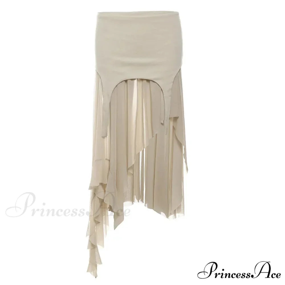 Goth Cyber Y2K Irregular Hem Mid Harajuku Fashion Streetwear Mesh Patchwork Club Alt Skirt