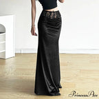 Goth Dark Elegant Mall Gothic Velvet Trumpet Y2k Partywear Lace Patchwork Sexy Long Skirt