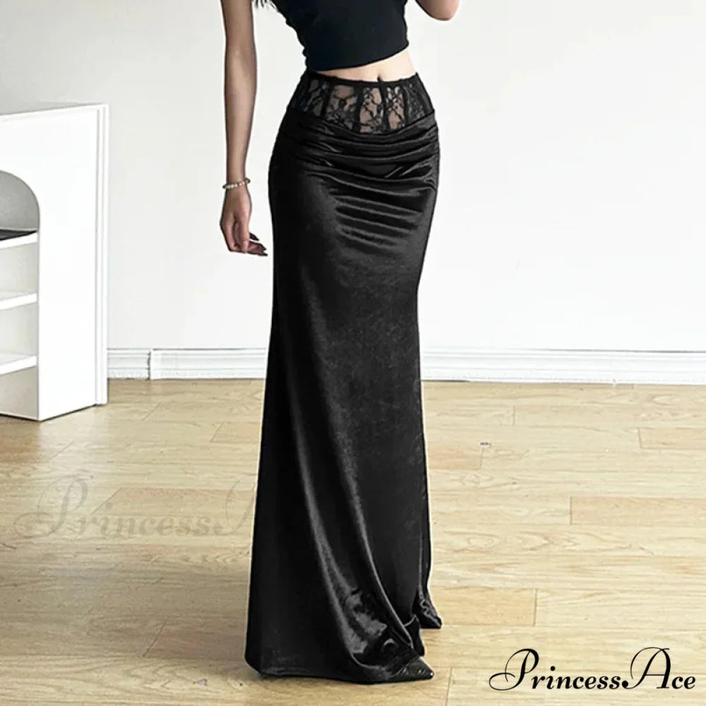 Goth Dark Elegant Mall Gothic Velvet Trumpet Y2k Partywear Lace Patchwork Sexy Long Skirt