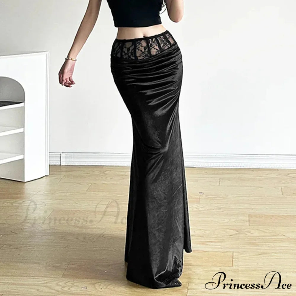 Goth Dark Elegant Mall Gothic Velvet Trumpet Y2k Partywear Lace Patchwork Sexy Long Skirt
