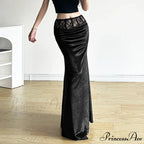 Goth Dark Elegant Mall Gothic Velvet Trumpet Y2k Partywear Lace Patchwork Sexy Long Skirt