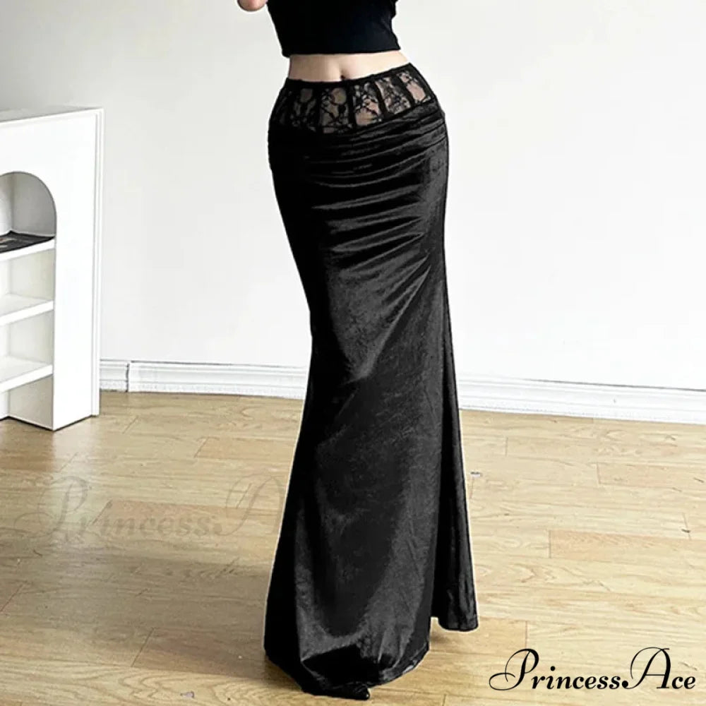 Goth Dark Elegant Mall Gothic Velvet Trumpet Y2k Partywear Lace Patchwork Sexy Long Skirt