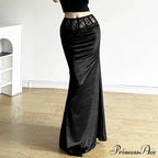 Goth Dark Elegant Mall Gothic Velvet Trumpet Y2k Partywear Lace Patchwork Sexy Long Skirt