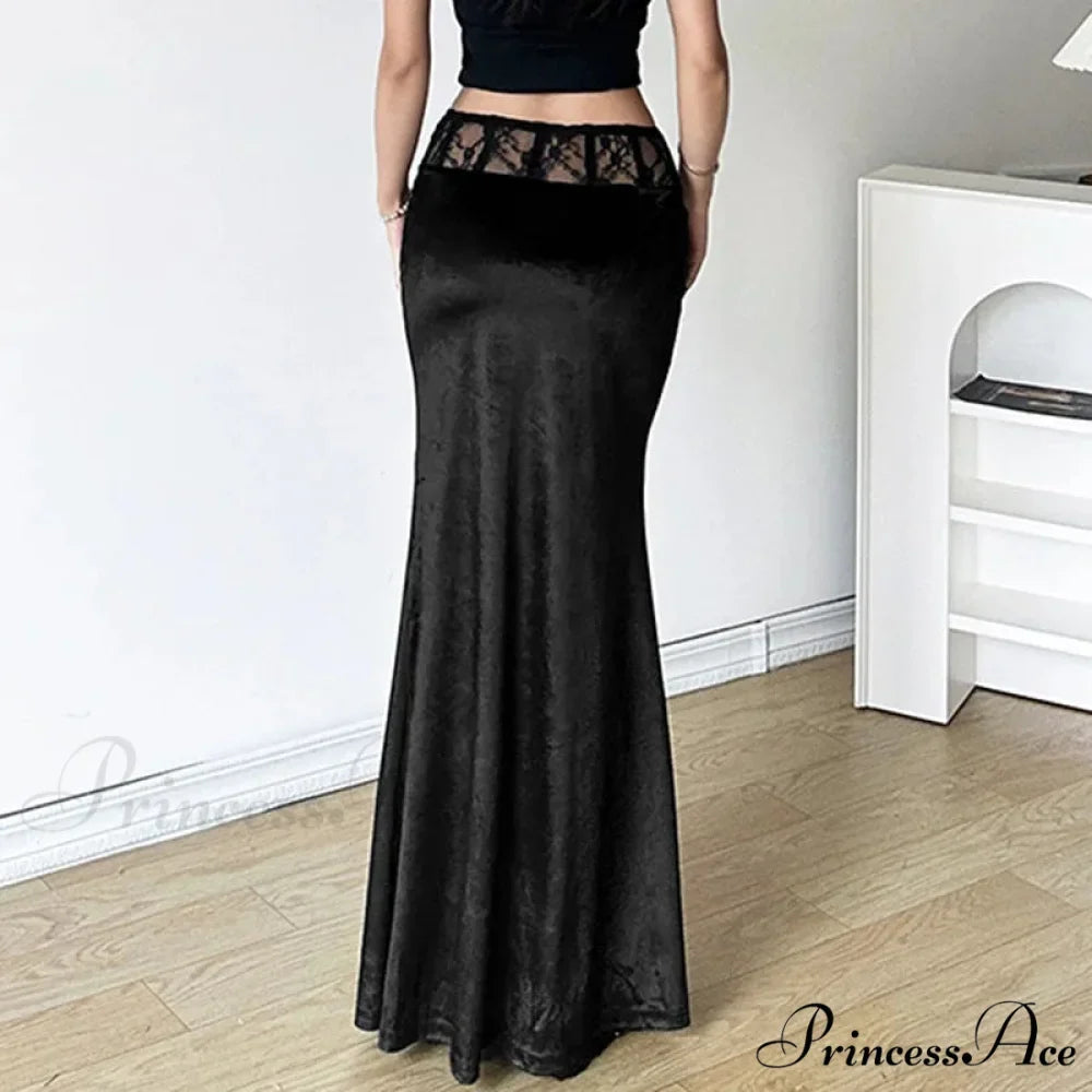 Goth Dark Elegant Mall Gothic Velvet Trumpet Y2k Partywear Lace Patchwork Sexy Long Skirt