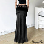 Goth Dark Elegant Mall Gothic Velvet Trumpet Y2k Partywear Lace Patchwork Sexy Long Skirt