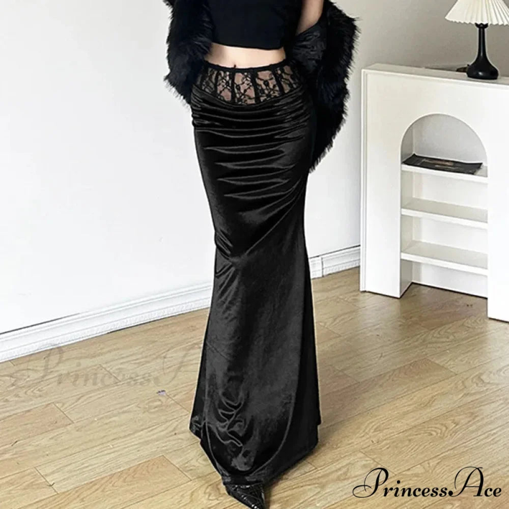 Goth Dark Elegant Mall Gothic Velvet Trumpet Y2k Partywear Lace Patchwork Sexy Long Skirt