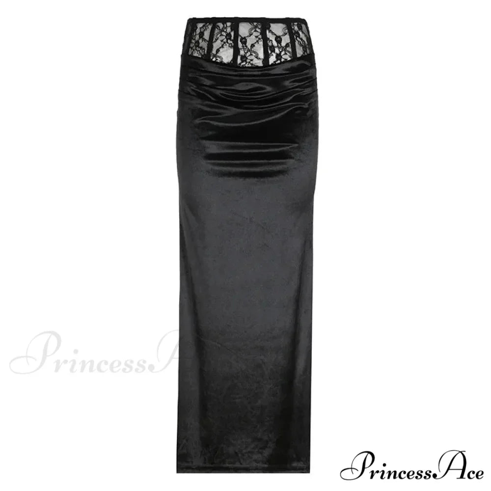 Goth Dark Elegant Mall Gothic Velvet Trumpet Y2k Partywear Lace Patchwork Sexy Long Skirt