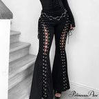 Goth Dark Grunge Streetwear Black Bandage Pants Hollow Flare Pants