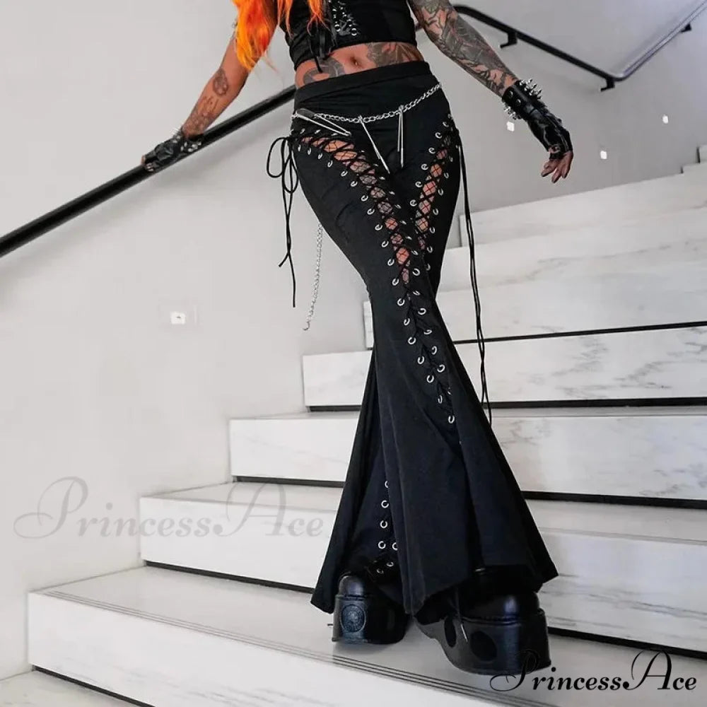 Goth Dark Grunge Streetwear Black Bandage Pants Hollow Flare Pants