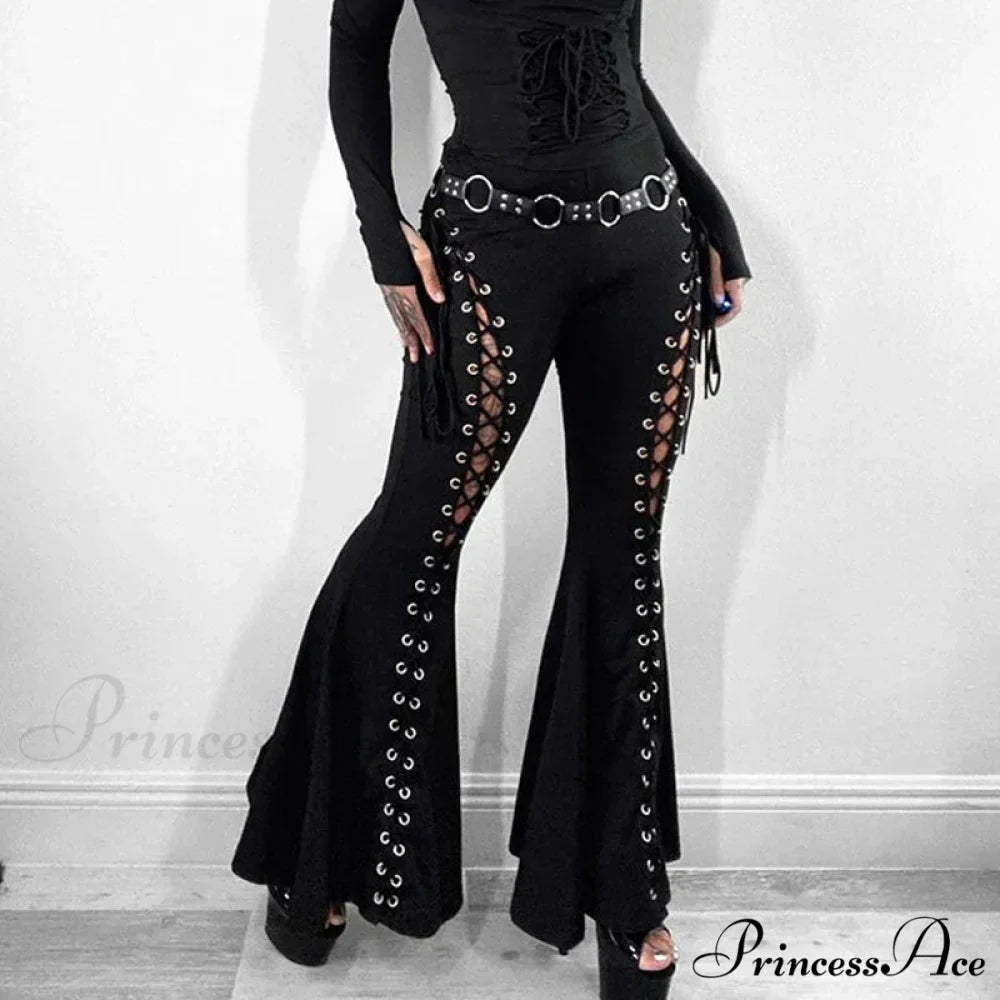 Goth Dark Grunge Streetwear Black Bandage Pants Hollow Flare Pants