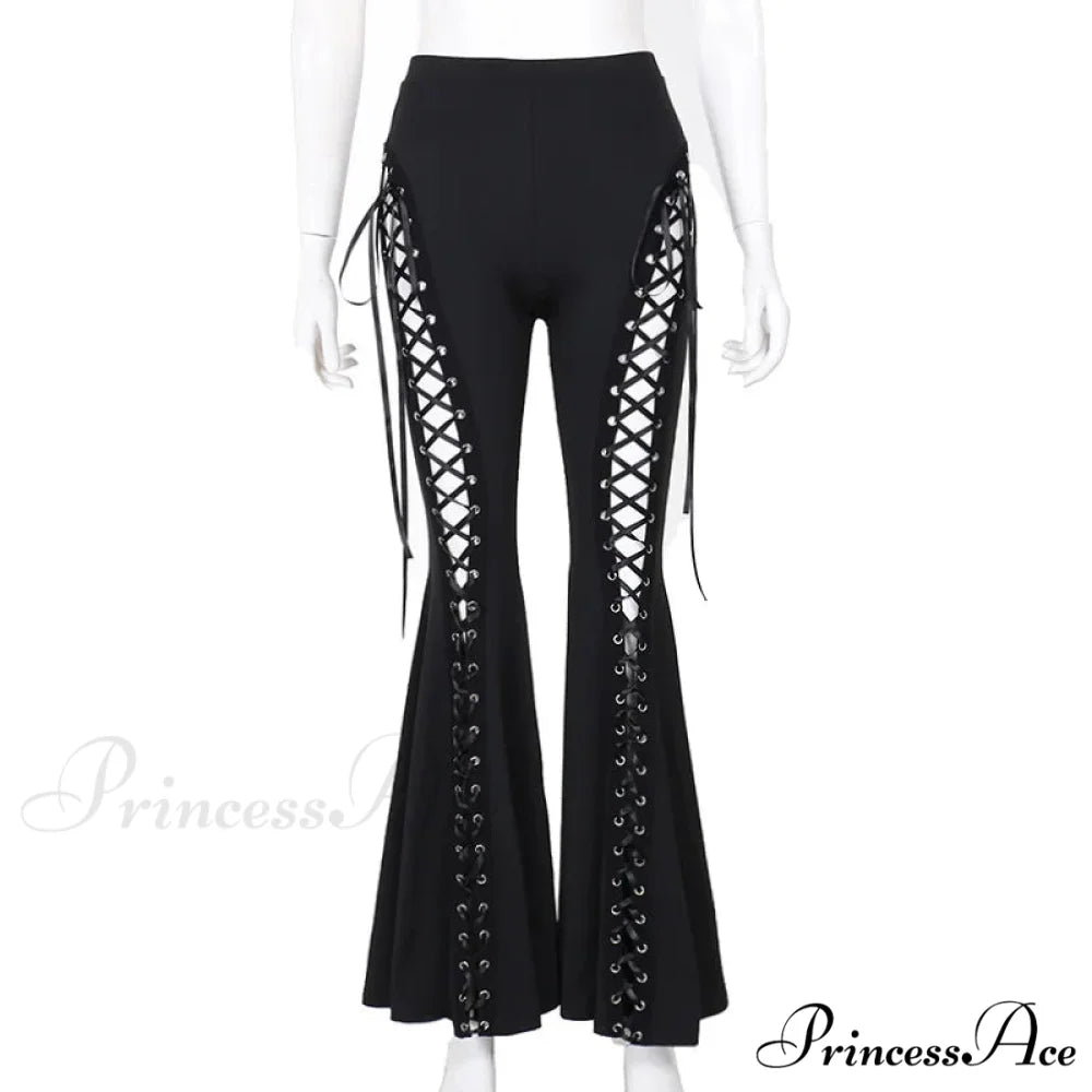 Goth Dark Grunge Streetwear Black Bandage Pants Hollow Flare Pants