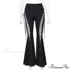 Goth Dark Grunge Streetwear Black Bandage Pants Hollow Flare Pants