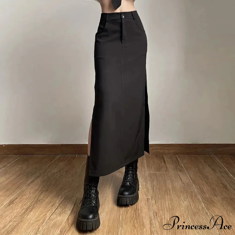 Goth Dark Streetwear Black Y2k Cargo Midi Grunge Gothic Split Sexy High Waist Skirt