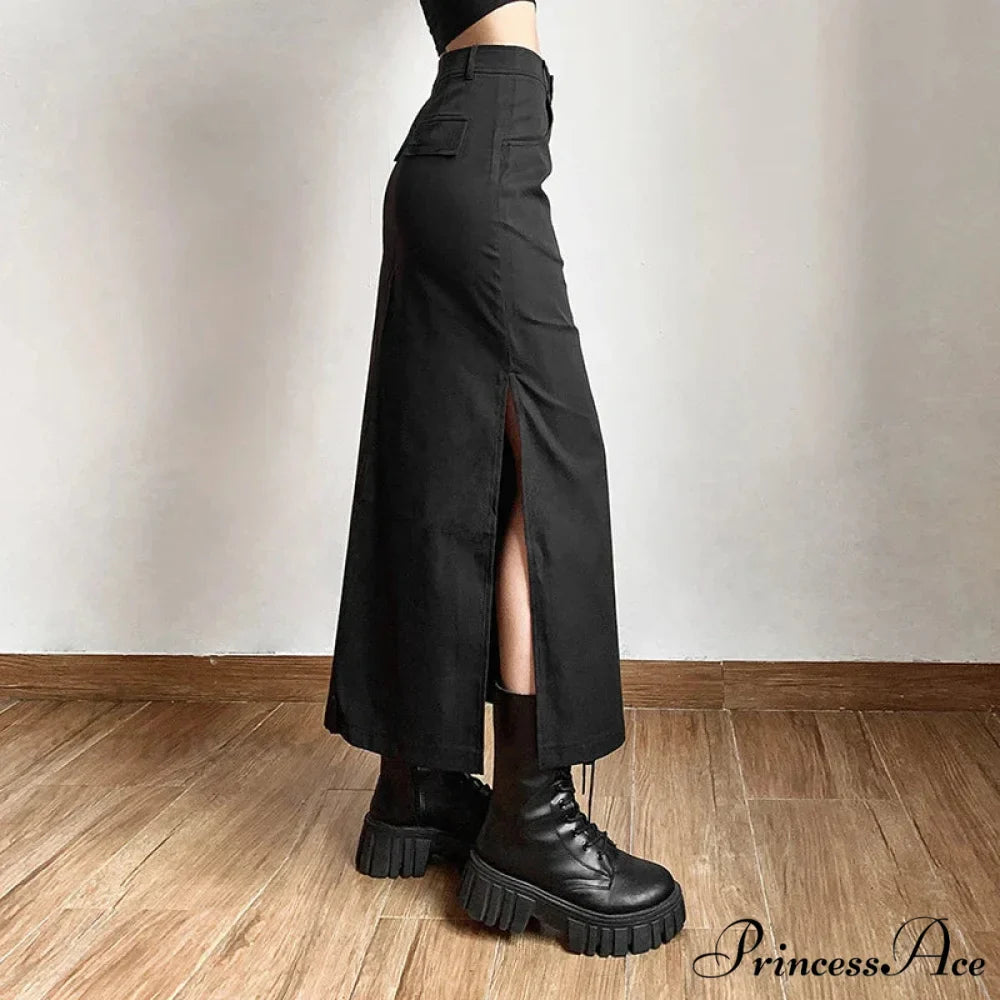 Goth Dark Streetwear Black Y2k Cargo Midi Grunge Gothic Split Sexy High Waist Skirt
