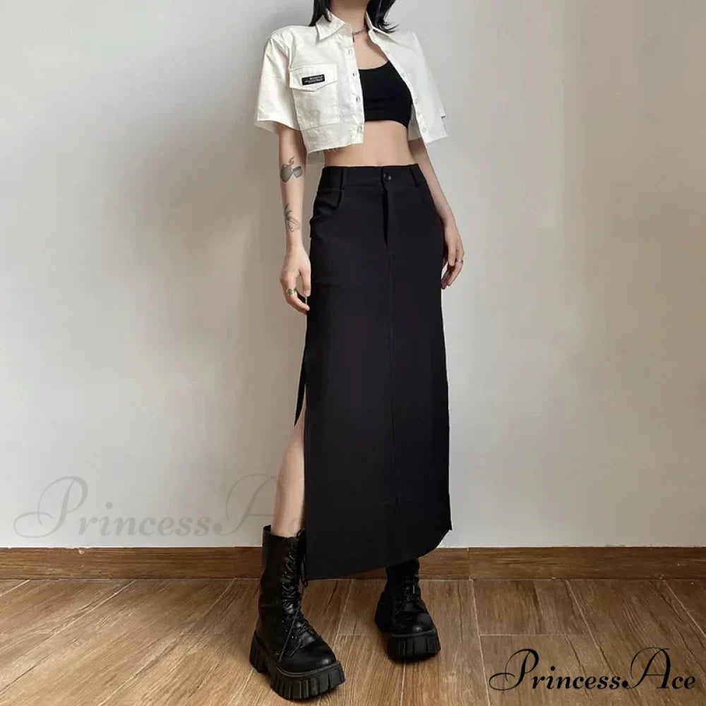 Goth Dark Streetwear Black Y2k Cargo Midi Grunge Gothic Split Sexy High Waist Skirt