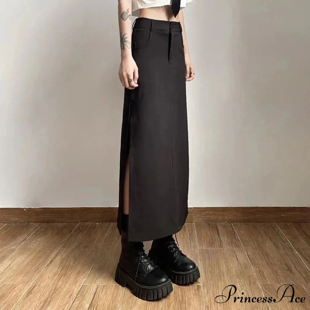 Goth Dark Streetwear Black Y2k Cargo Midi Grunge Gothic Split Sexy High Waist Skirt