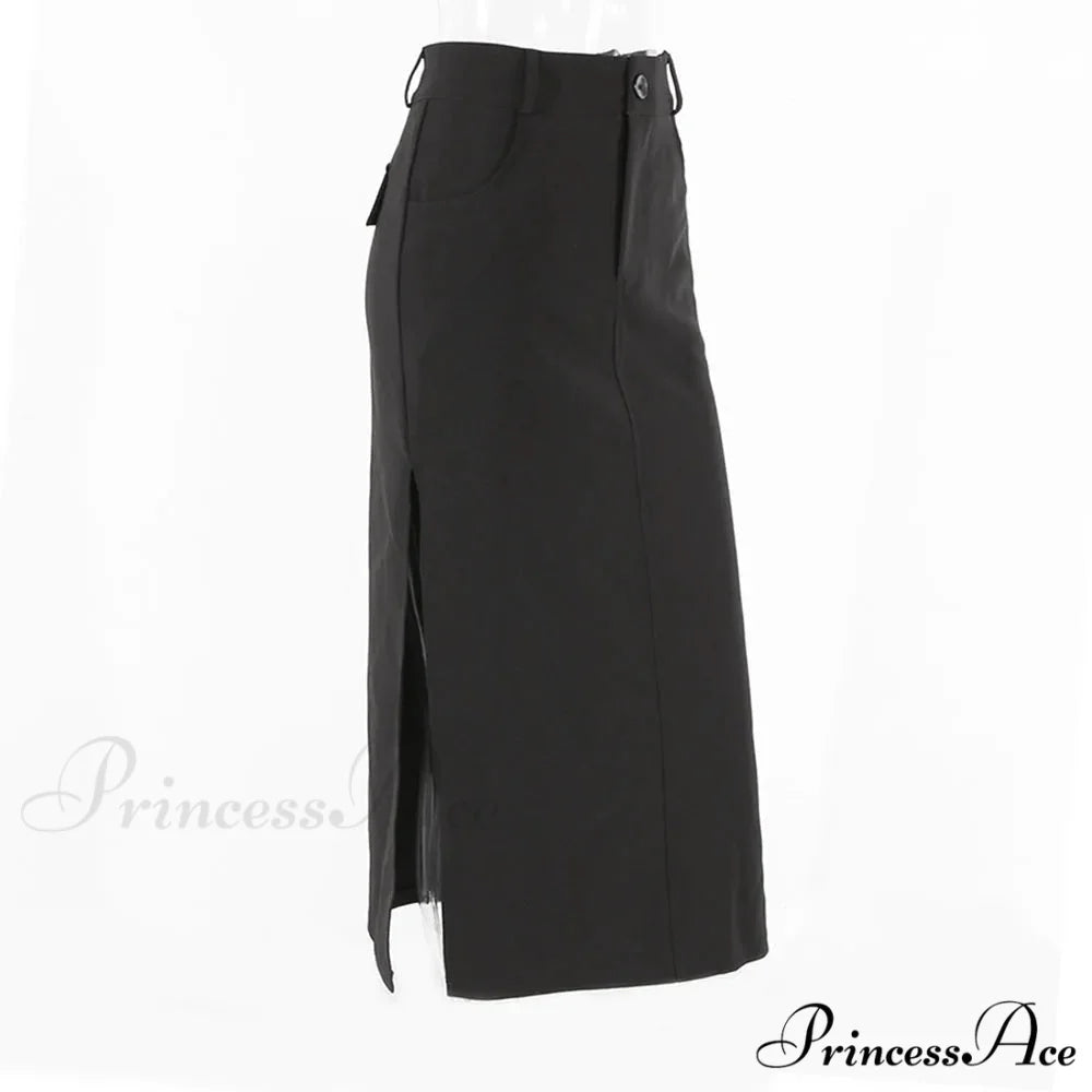 Goth Dark Streetwear Black Y2k Cargo Midi Grunge Gothic Split Sexy High Waist Skirt