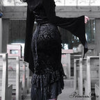 Goth Dark Vintage Mall Gothic Ruffles Mermaid Grunge Aesthetic Lace Hem Midi Women Elegant Skirt