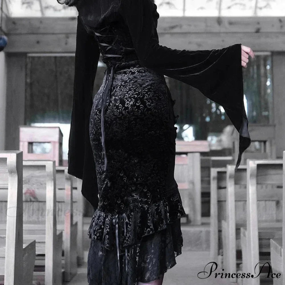 Goth Dark Vintage Mall Gothic Ruffles Mermaid Grunge Aesthetic Lace Hem Midi Women Elegant Skirt