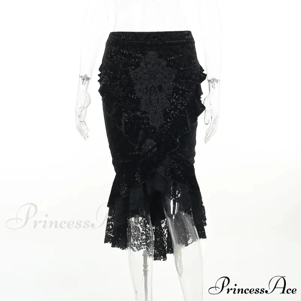 Goth Dark Vintage Mall Gothic Ruffles Mermaid Grunge Aesthetic Lace Hem Midi Women Elegant Skirt
