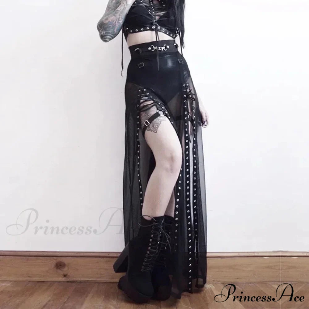 Goth Mesh Perspective Side Slit Lace Up Dark Aesthetical Summer Skirt