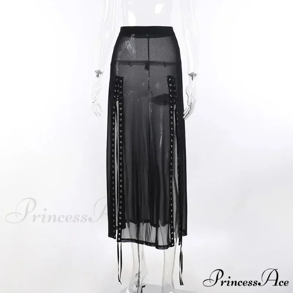 Goth Mesh Perspective Side Slit Lace Up Dark Aesthetical Summer Skirt