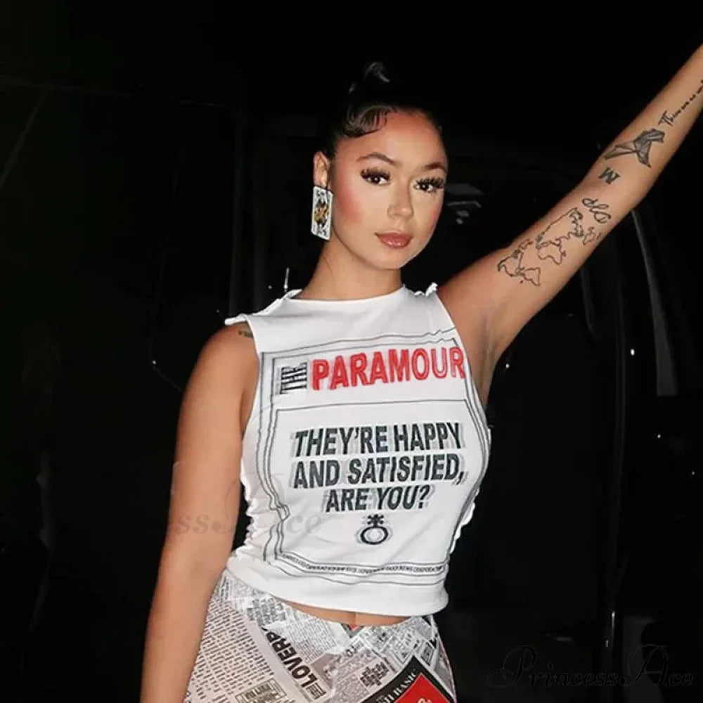 Goth Punk Patchwork Grunge Letter Print White Crop Top