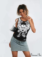 Goth Tank Fairy Grunge Skull Print Hollow-Out Sleeveless Summer Running Crop Top