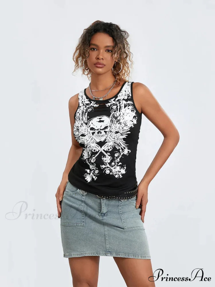 Goth Tank Fairy Grunge Skull Print Hollow-Out Sleeveless Summer Running Crop Top