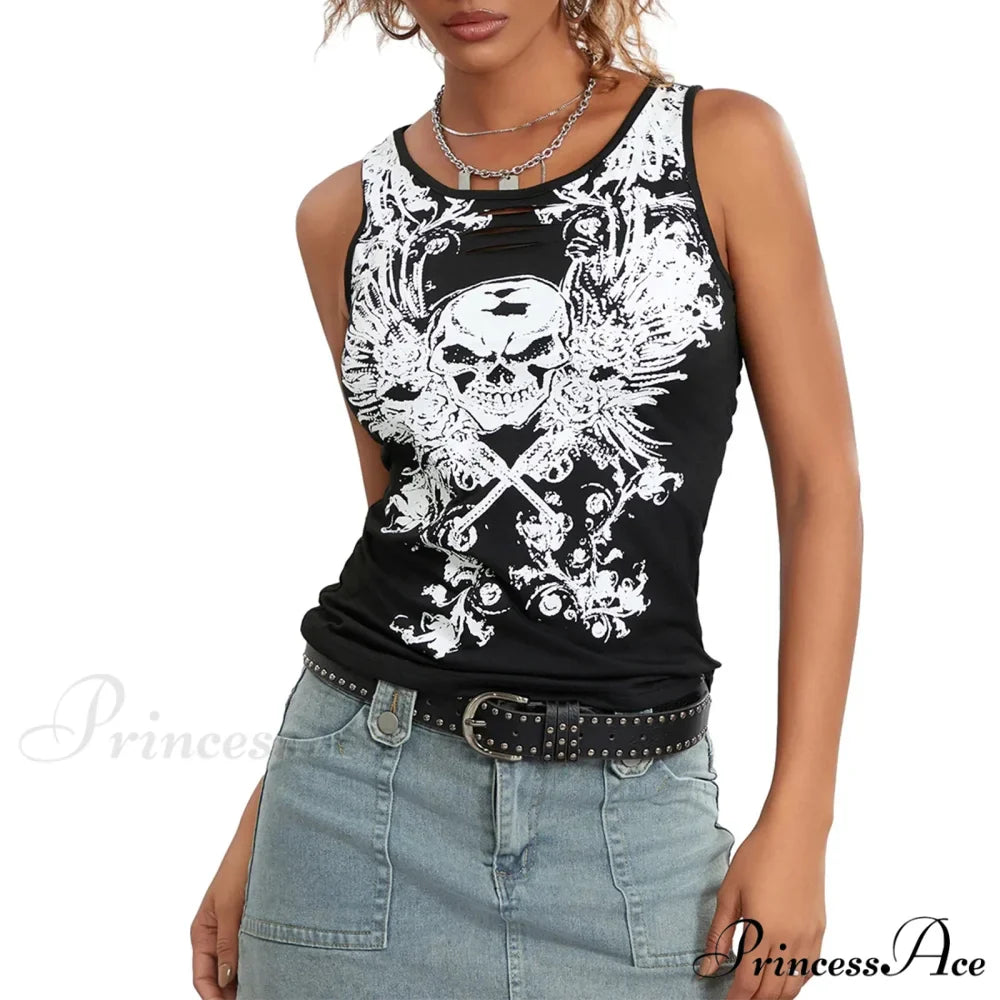 Goth Tank Fairy Grunge Skull Print Hollow-Out Sleeveless Summer Running Crop Top