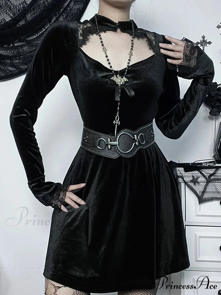 Goth Women's Solid Long Sleeve High Waist A Line Flowy Velvet Hollow Out Lace Dress