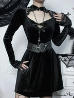 Goth Women's Solid Long Sleeve High Waist A Line Flowy Velvet Hollow Out Lace Dress