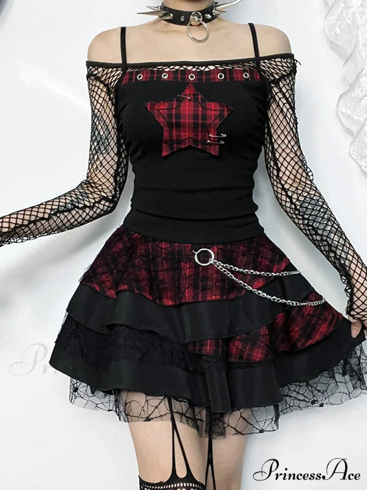 Goth Y2K Pentagram Patchwork Cyber Punk Crop Top