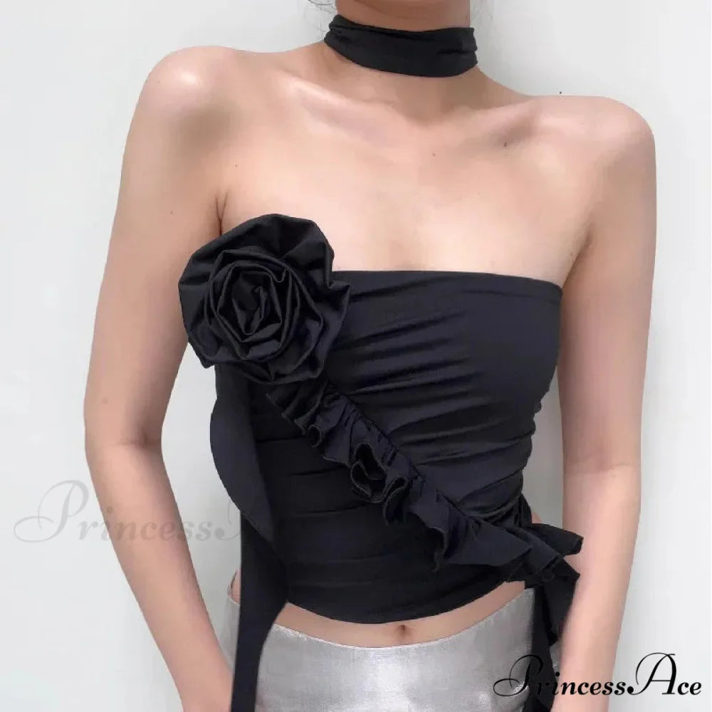 Gothic Backless Aesthetic Flower Ruffles Off Shoulder Crop Top