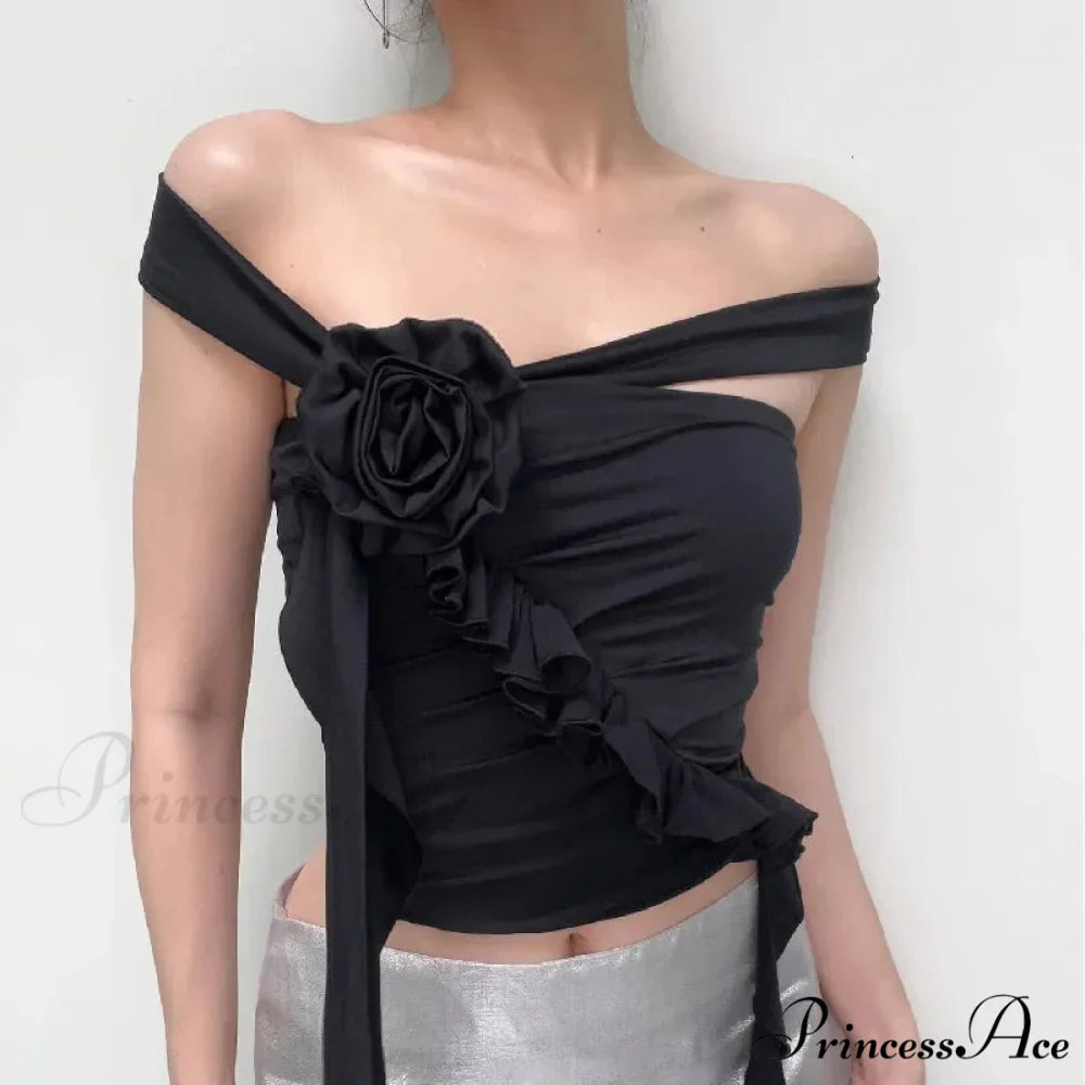 Gothic Backless Aesthetic Flower Ruffles Off Shoulder Crop Top
