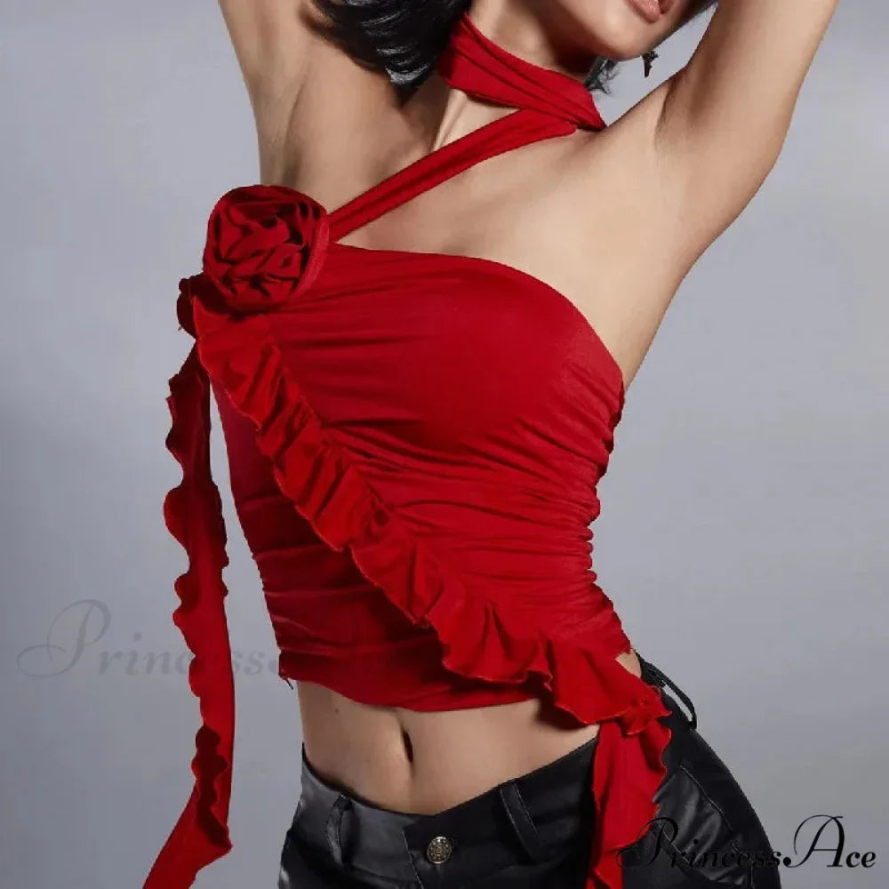 Gothic Backless Aesthetic Flower Ruffles Off Shoulder Crop Top