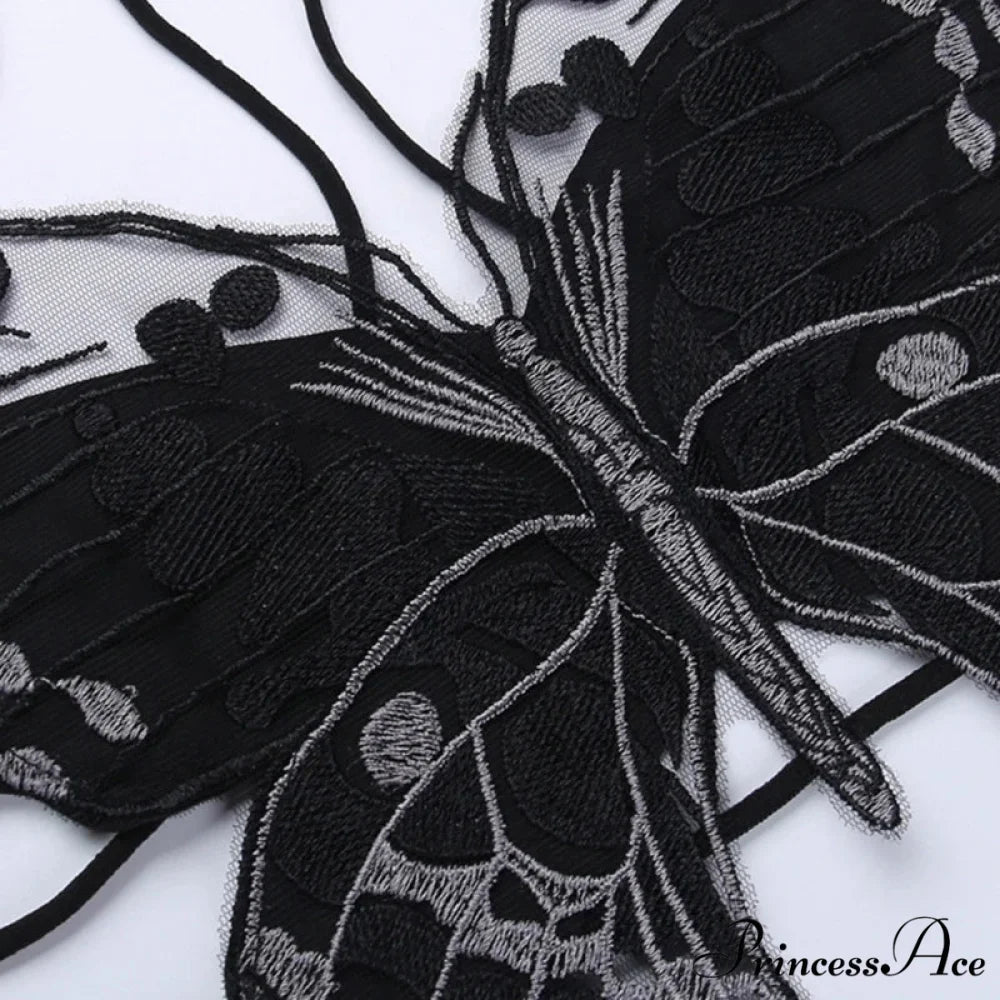 Gothic Butterfly-Shape Sexy Black Halter Strappy Backless Crop Top