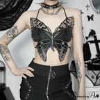 Gothic Butterfly-Shape Sexy Black Halter Strappy Backless Crop Top