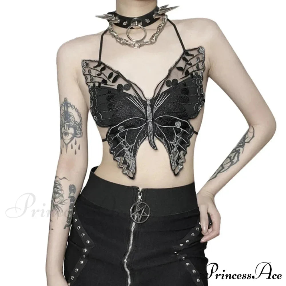 Gothic Butterfly-Shape Sexy Black Halter Strappy Backless Crop Top
