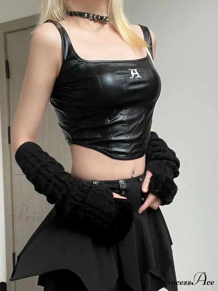 Gothic Casual Streetwear PU Tank Top Black Crop Top