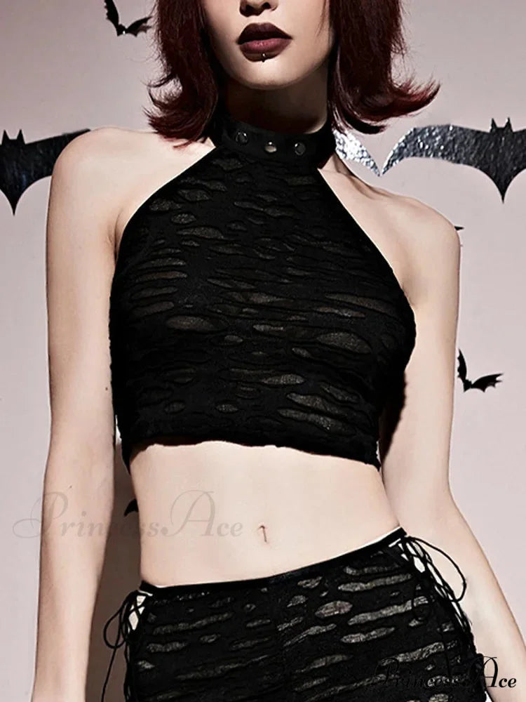 Gothic Coquette Sexy Hollow Out Summer Club Halter Crop Top